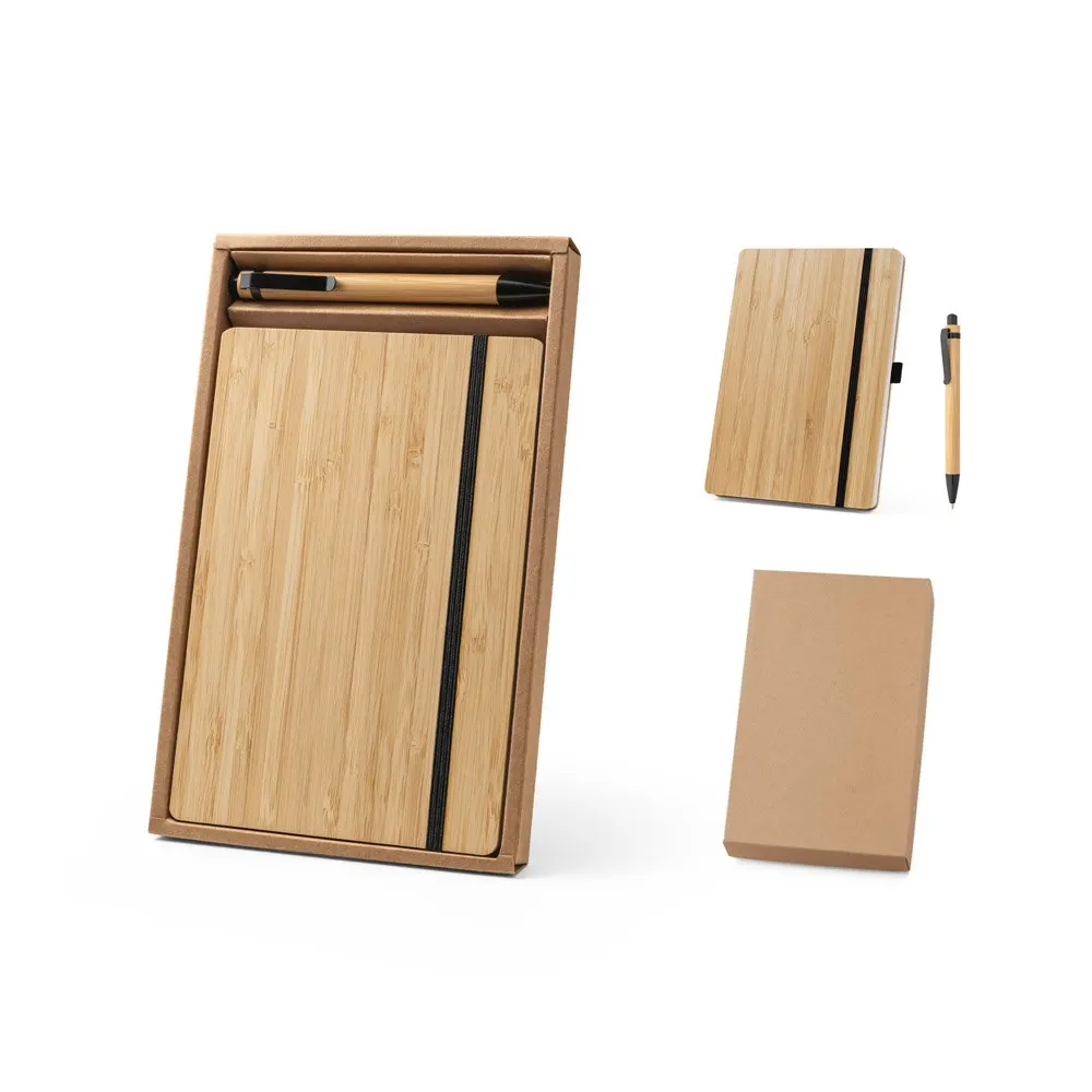 Conjunto de caderno A5 em bambu com 192 páginas pautadas e esferográfica em bambu