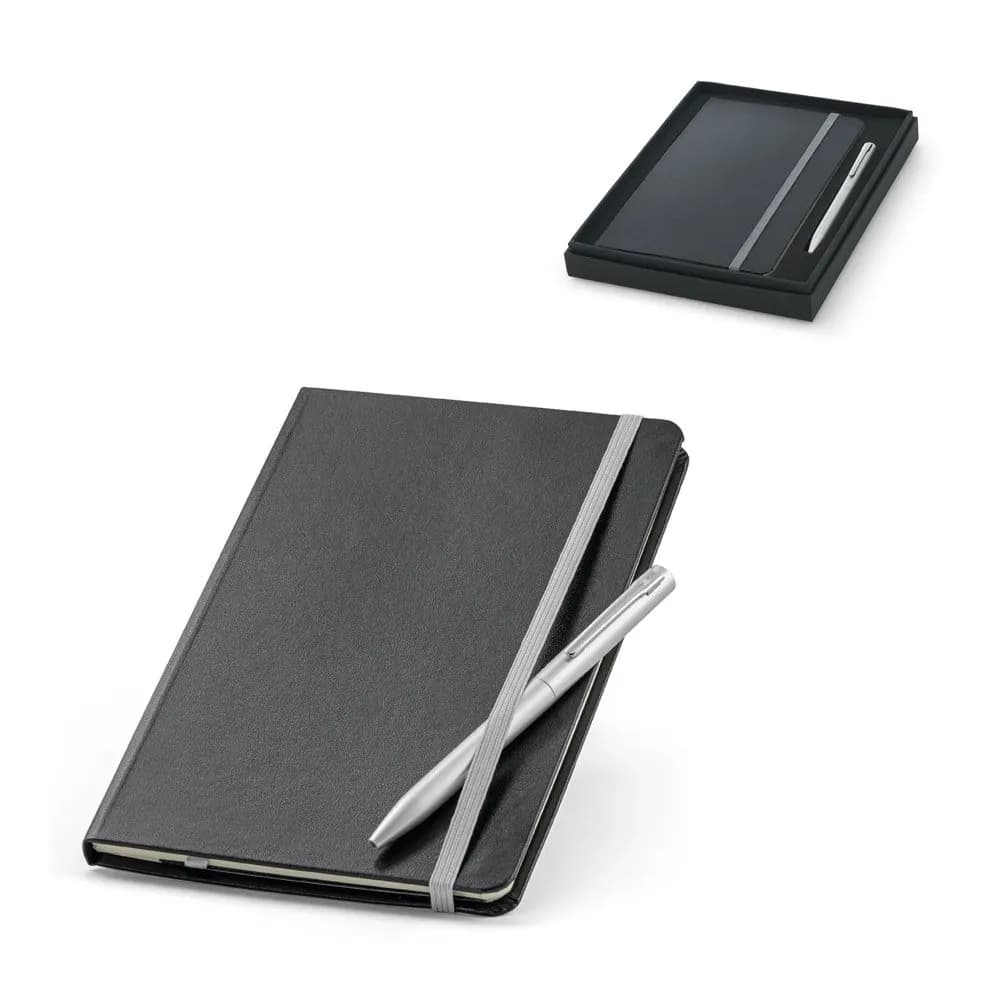 Kit de caderno e esferográfica. Caderno com 160 páginas pautadas e esferográfica com escrita em azul