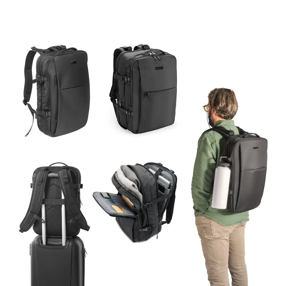 Mochila de viagem em poliéster reciclado 600D de alta densidade, com bolso para notebook 17’3″ e placa para gravação 29 L