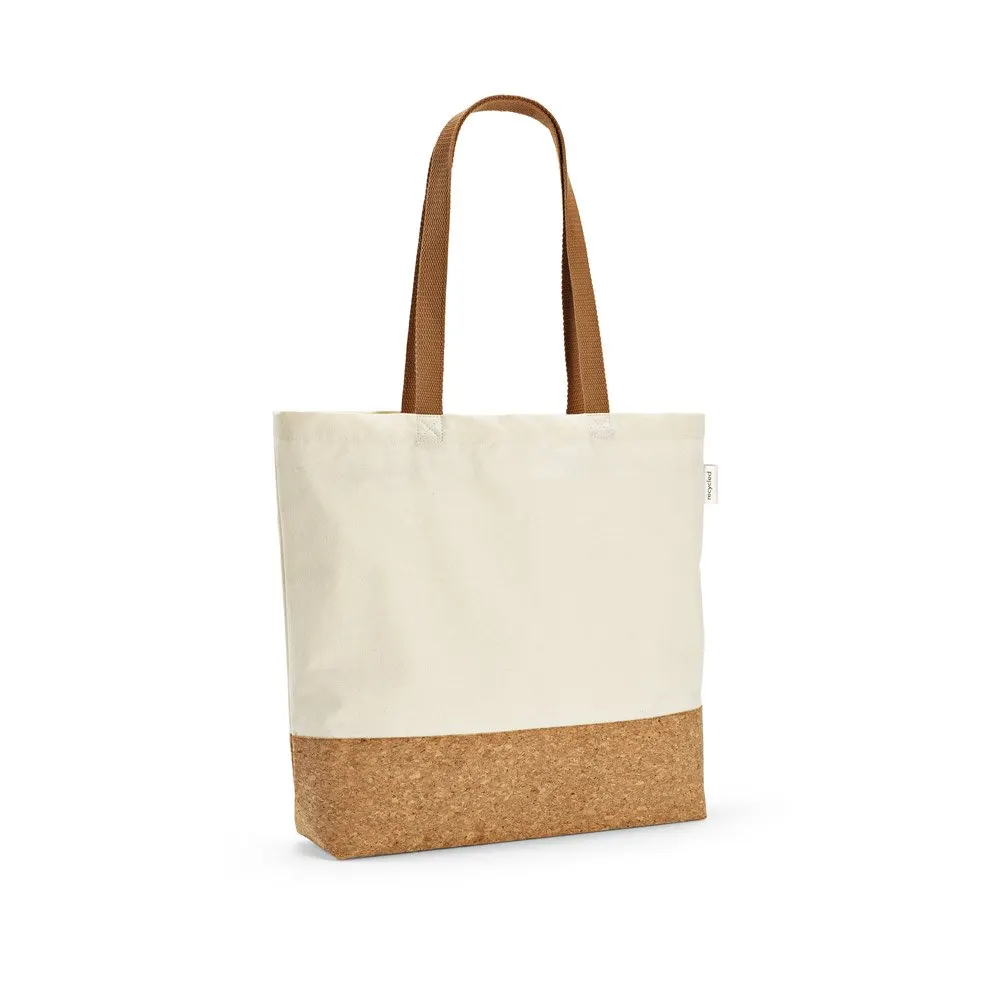 Sacola em 70% algodão reciclado e 30% poliéster reciclado (220 g/m²) com fundo em cortiça