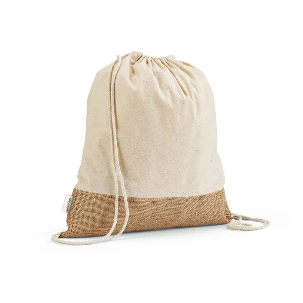 Sacola tipo mochila em 70% algodão reciclado e 30% poliéster reciclado (180 g/m²) com base em juta