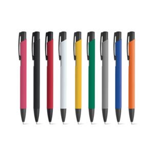 Esferográfica em alumínio com corpo colorido e escrita em preto