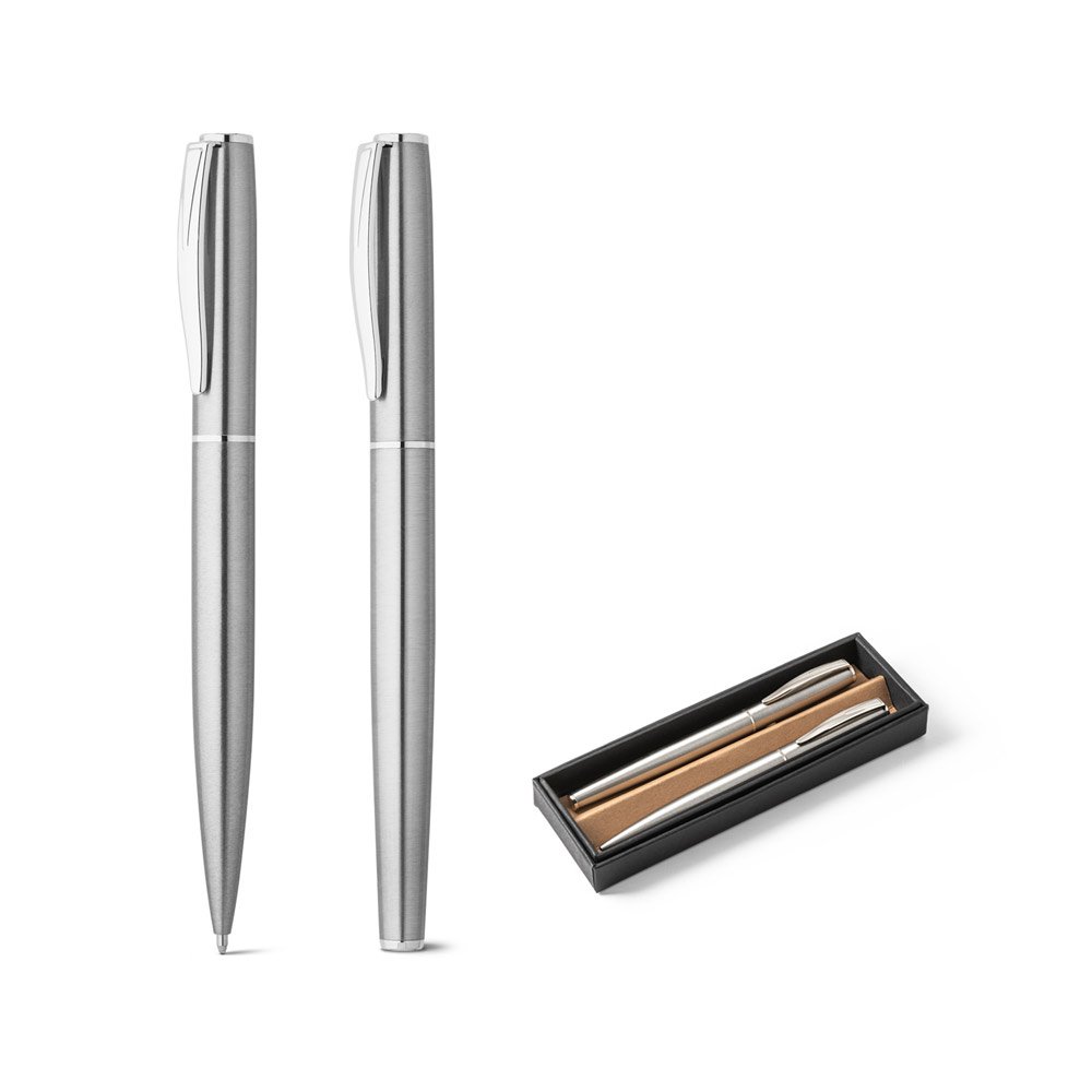 Conjunto de roller e esferográfica com corpo em aço inox 53% reciclado com escrita em preto