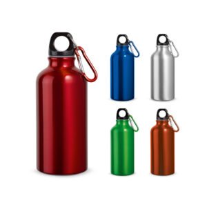 Garrafa esportiva em alumínio e acabamento metálico com mosquetão 400 mL