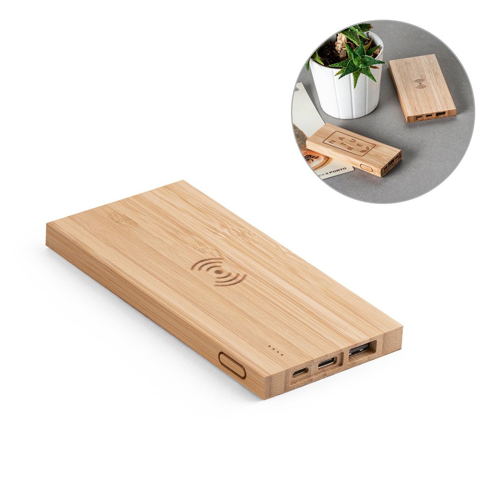 Bateria portátil com carregador wireless super-rápido em bambu 5'000 mAh