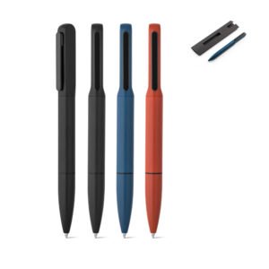 Esferográfica em alumínio 94% reciclado com iluminação no clipe e escrita em azul