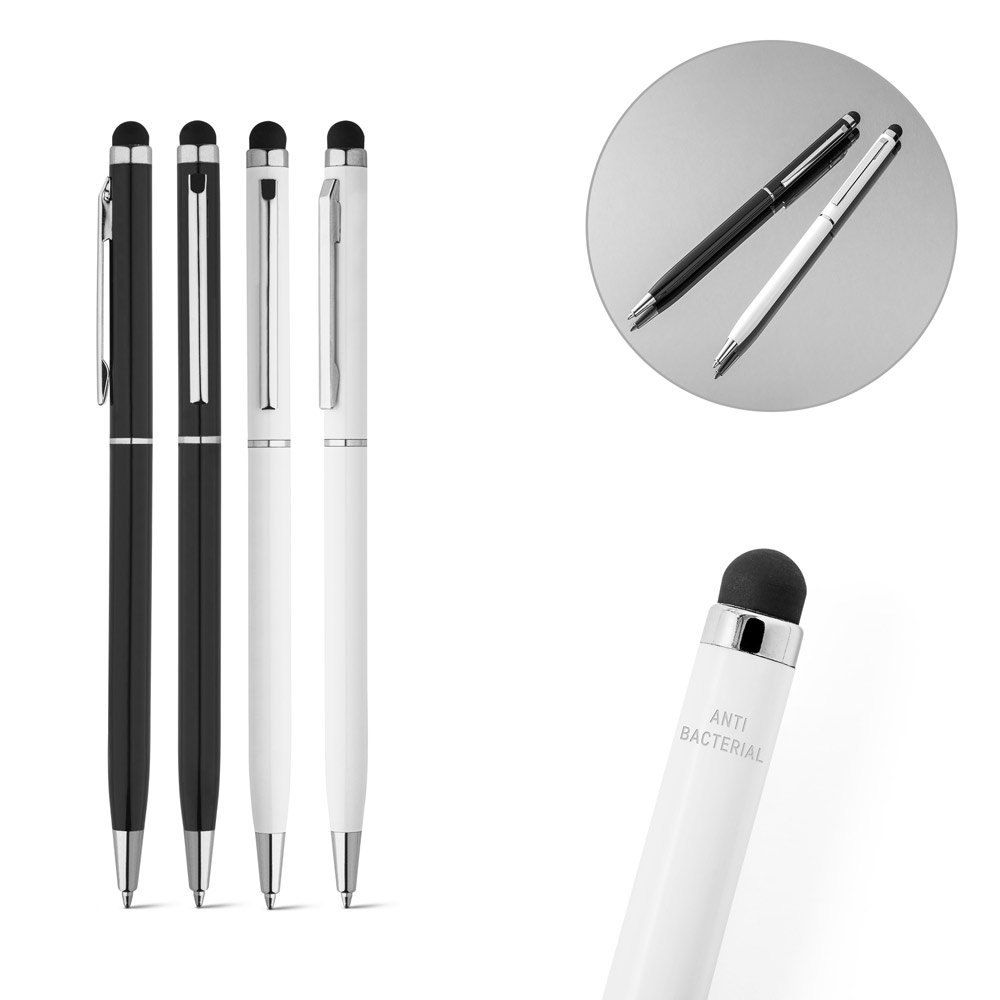 Esferográfica em alumínio com tratamento antibacteriano e escrita em azul