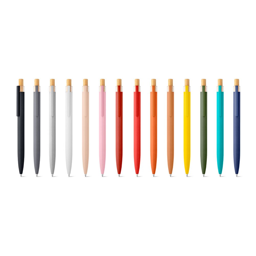 Esferográfica com corpo em alumínio 100% reciclado com ponteira em bambu e escrita em azul