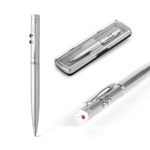 Esferográfica em metal com ponteira laser, LED e escrita em azul