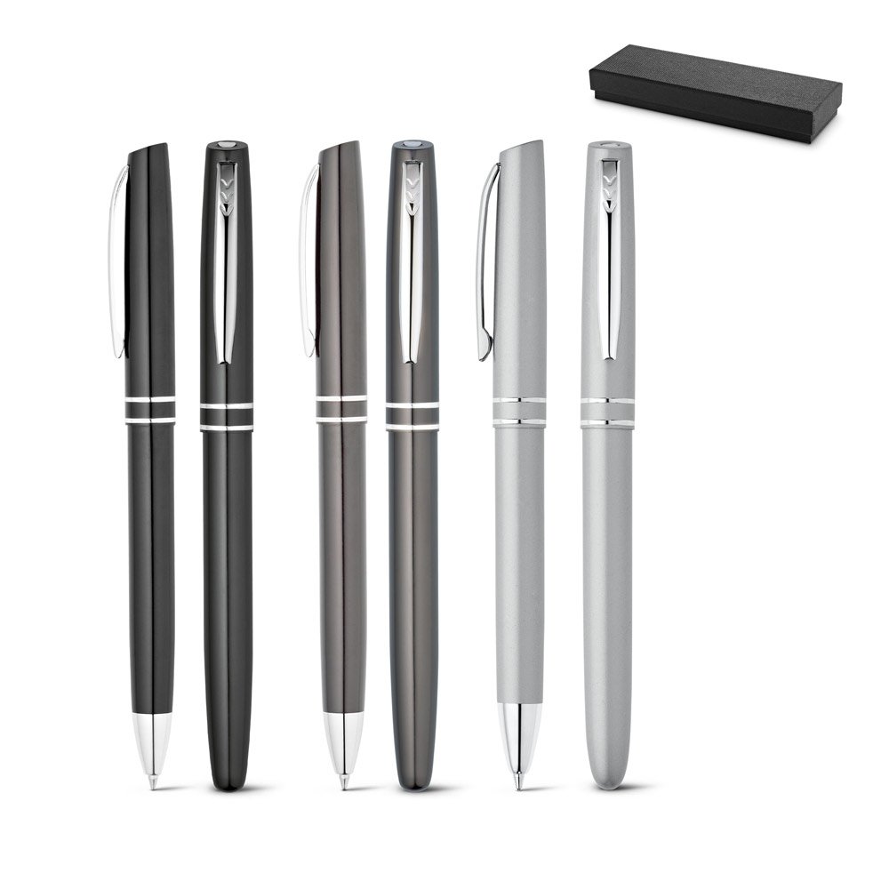 Conjunto de roller e esferográfica em alumínio com escrita em azul