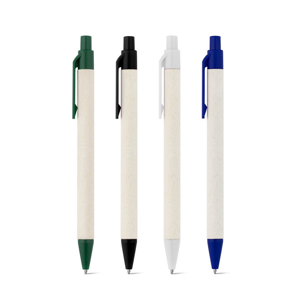 Esferográfica produzida através de pacotes de leite reciclado com escrita em azul