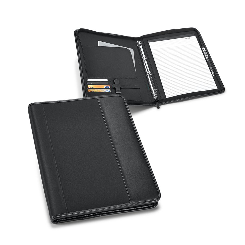 Pasta A4 em c. sintético e microfibra com 4 argolas e bloco de 40 páginas pautadas