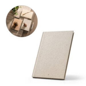 Caderno A5 em matéria orgânica de elefante (95%) e algodão de trapo (5%) com páginas pautadas reciclado, com 160 páginas pautadas recicladas