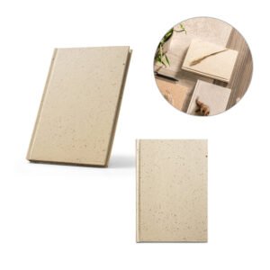 Caderno A5 com resíduos da cevada (25%) e trapos de algodão reciclado (75%) com folhas pautadas, com 160 páginas pautadas recicladas