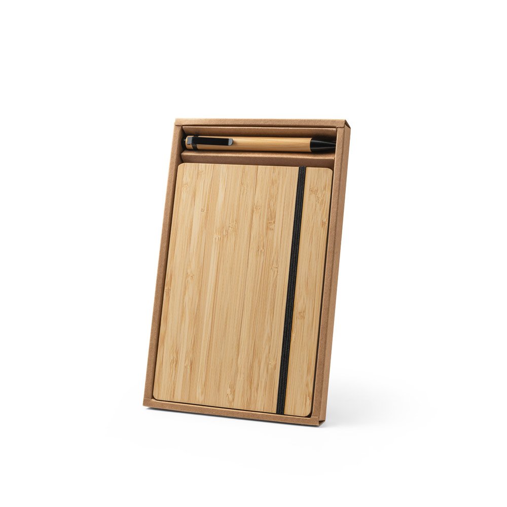 Conjunto de caderno A5 em bambu com 192 páginas pautadas e esferográfica em bambu - Imagem 4
