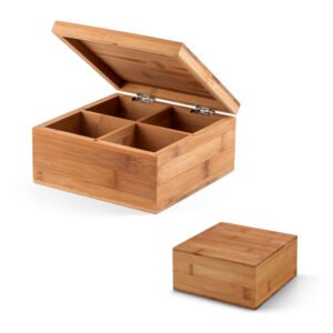 Caixa de chás em bambu com 4 compartimentos e fecho com ímã