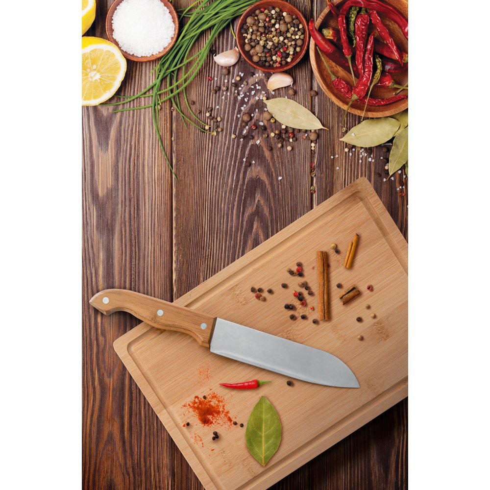 Kit churrasco em estojo de 210D e tábua em bambu com 5 utensílios em aço inox e madeira de Seringueira - Imagem 3