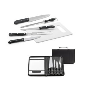 Kit churrasco em estojo de nylon 210D com tábua em PP e 5 utensílios em aço inox e PP
