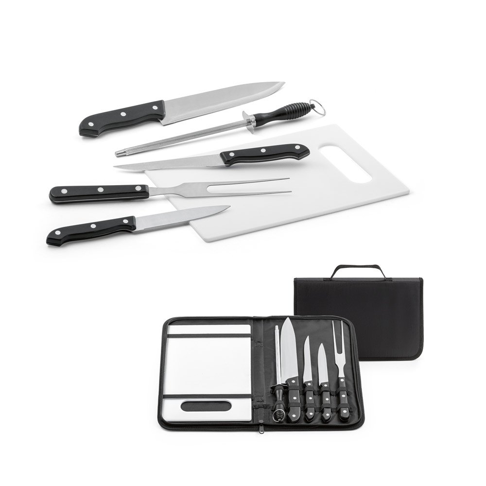 Kit churrasco em estojo de nylon 210D com tábua em PP e 5 utensílios em aço inox e PP