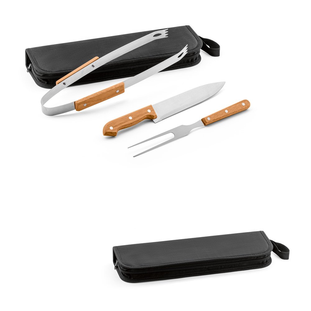 Kit churrasco em estojo de 210D com 3 utensílios em aço inox e madeira de seringueira