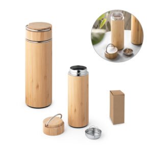 Garrafa em aço inox e bambu de parede dupla térmica, isolada a vácuo 440 mL
