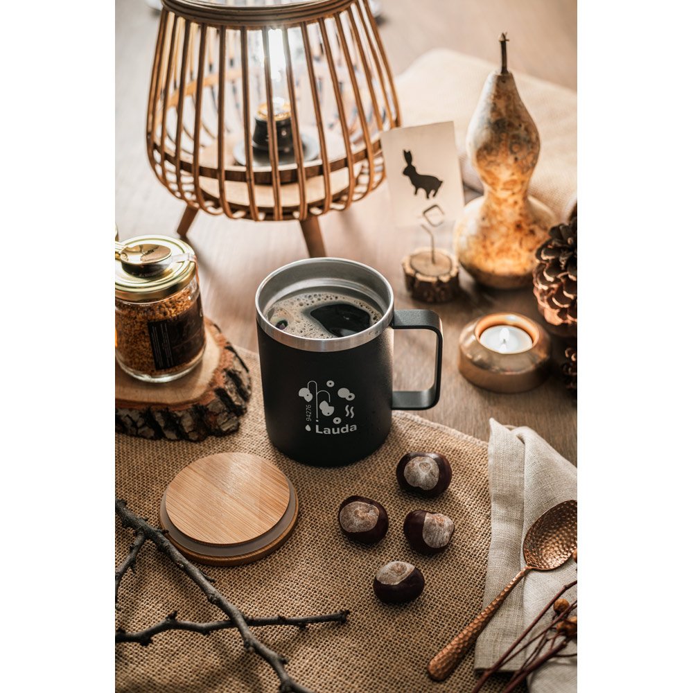 Copo de viagem em aço inox 90% reciclado, térmico com parede dupla isolada a vácuo e tampa em bambu 420 mL - Imagem 4