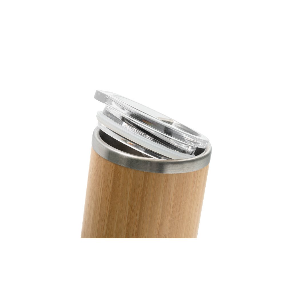 Copo de viagem em aço inox e bambu, térmico com parede dupla isolada a ar e tampa AS com fecho deslizante 350 mL - Imagem 5
