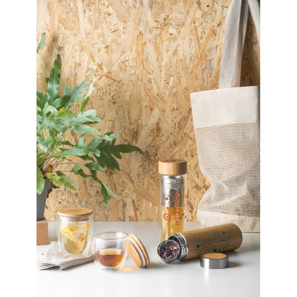 Garrafa em vidro borossilicato de parede dupla térmica, isolada a ar, com tampa em bambu e 2 infusores 490 mL - Imagem 3