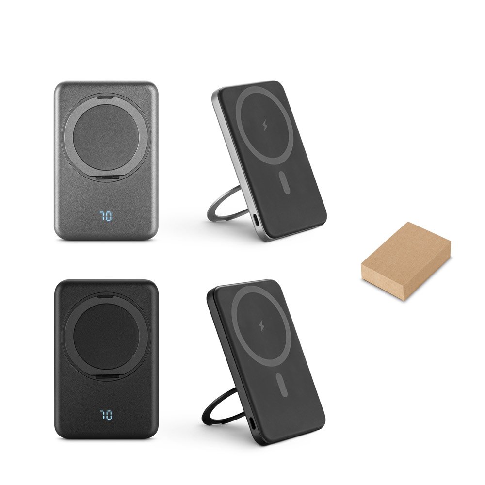 Bateria portátil magnética em ABS 100% reciclado com suporte, carregador wireless super-rápido 15W e capacidade de 5'000 mAh