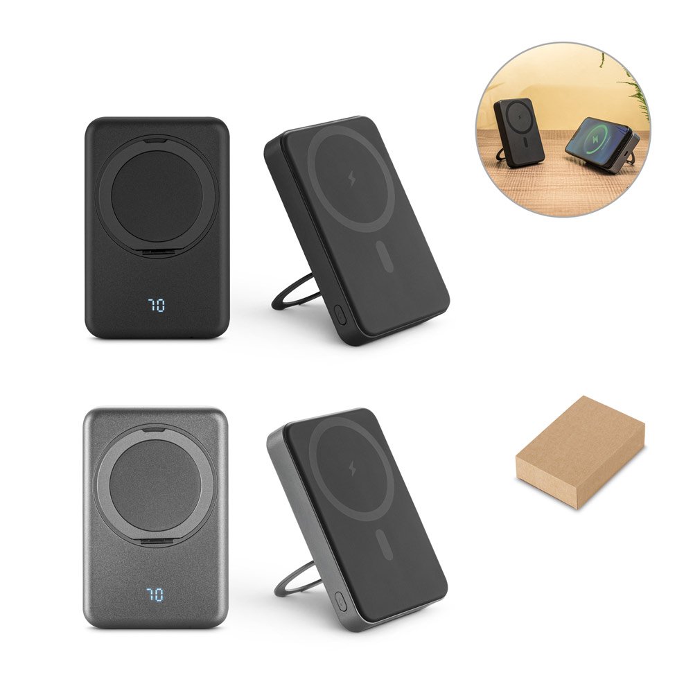Bateria portátil magnética em ABS 100% reciclado com suporte, carregador wireless super-rápido 15W e capacidade de 10'000 mAh