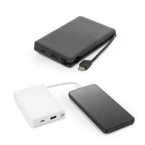 Bateria portátil em ABS 100% reciclado, com cabo integrado e capacidade de 10'000 mAh