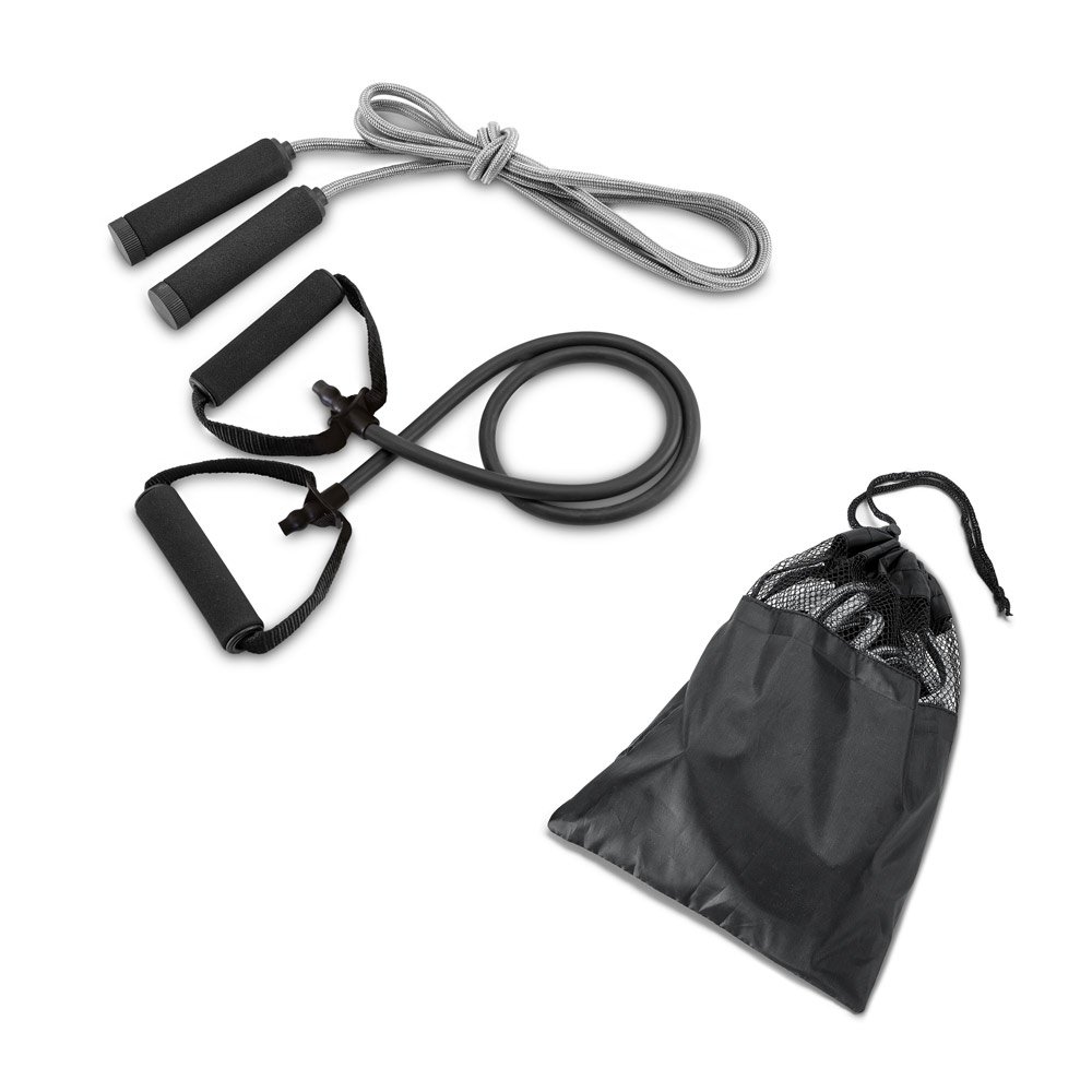 Conjunto fitness composto por elástico e corda de pular